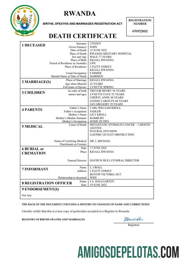 Realista modelo Word e PDF de certidão de óbito de registro vital de Ruanda